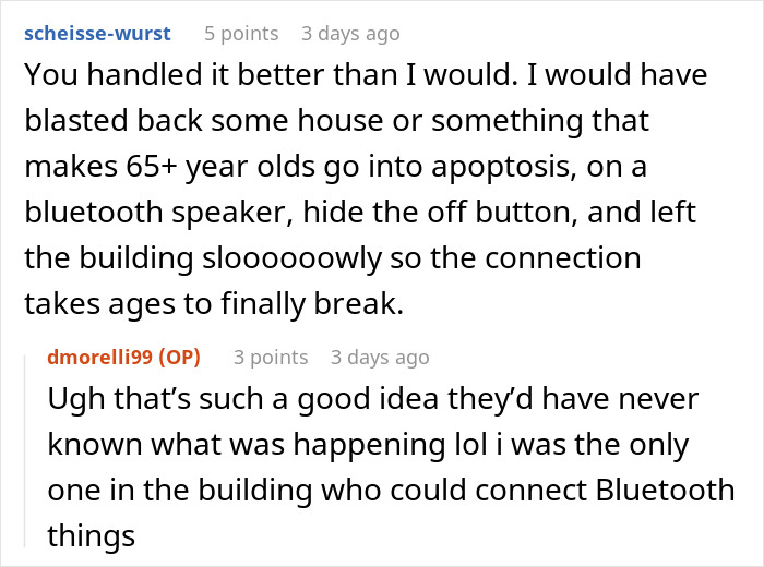 Text conversation about office Bluetooth speakers and blasting music, related to man refusing to stop playing Christmas music. Text conversation about office Bluetooth speakers and blasting music, related to man refusing to stop playing Christmas music.