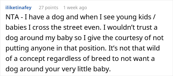 Comment about new mom avoiding family vacation due to concerns over pit bull safety around her baby.