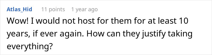 Comment expressing shock and frustration from a Thanksgiving host after family clears all leftovers.
