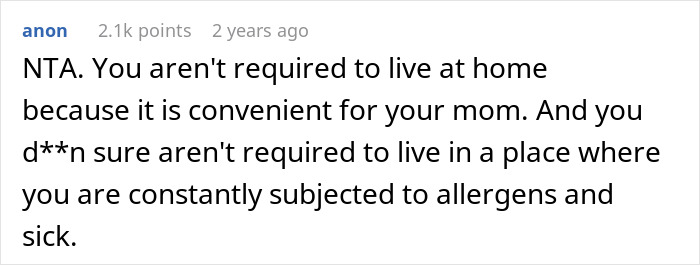 Comment discussing a 23-year-old facing family pressure after moving out and leaving mom without childcare options.