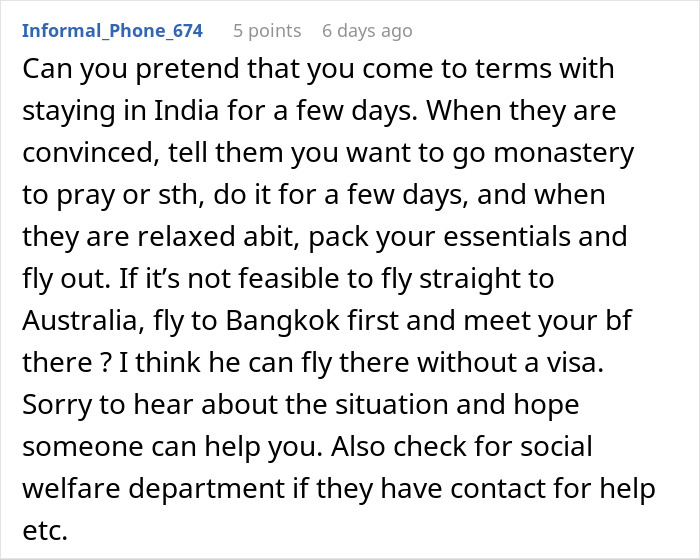 Reddit comment offering advice on being held hostage at parents&rsquo; place, suggesting ways to escape and seek help.