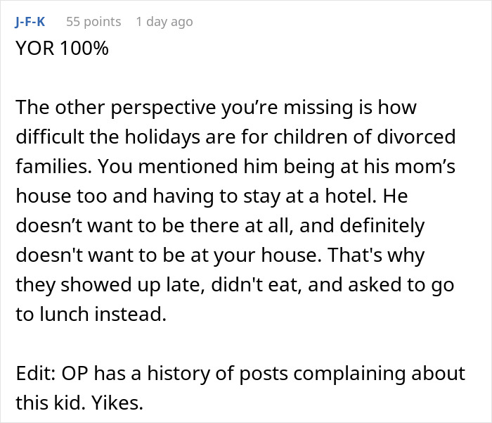 Holiday Visit Turns Sour After Boyfriend’s Son’s GF Makes Shockingly Cruel Comment At Lunch Holiday Visit Turns Sour After Boyfriend’s Son’s GF Makes Shockingly Cruel Comment At Lunch