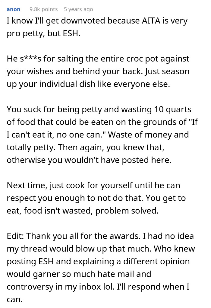 Reddit discussion about boyfriend salting entire pot of chili causing relationship rethink and food waste frustration.