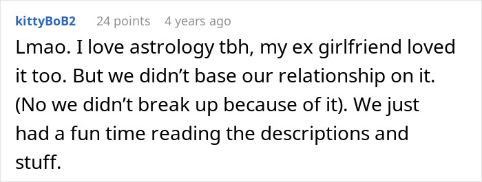 User comment about astrology and relationships, mentioning ex-girlfriend and reading zodiac descriptions for fun.