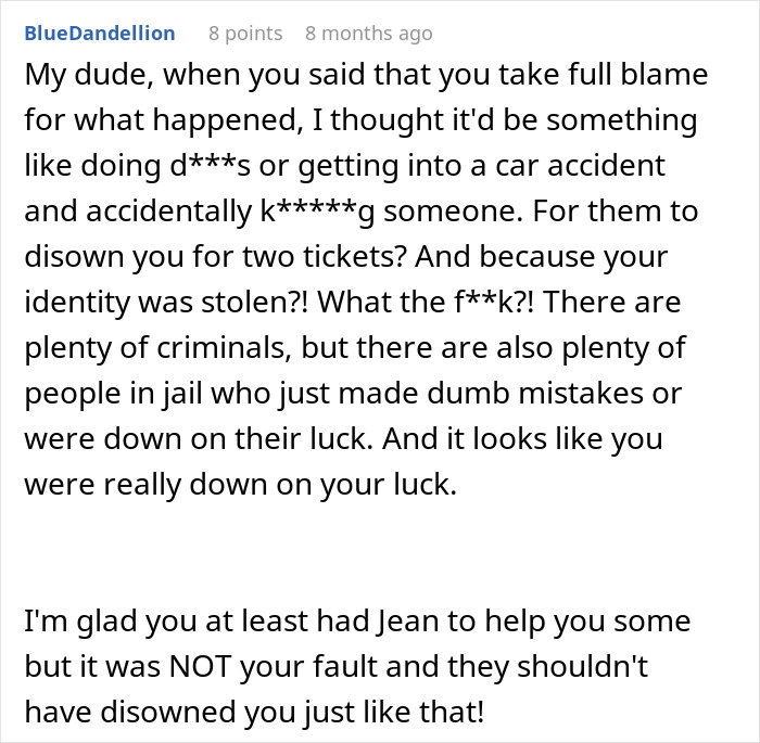 Comment discussing family disowning a guy over a mistake, expressing sympathy and mentioning guilt and embarrassment.