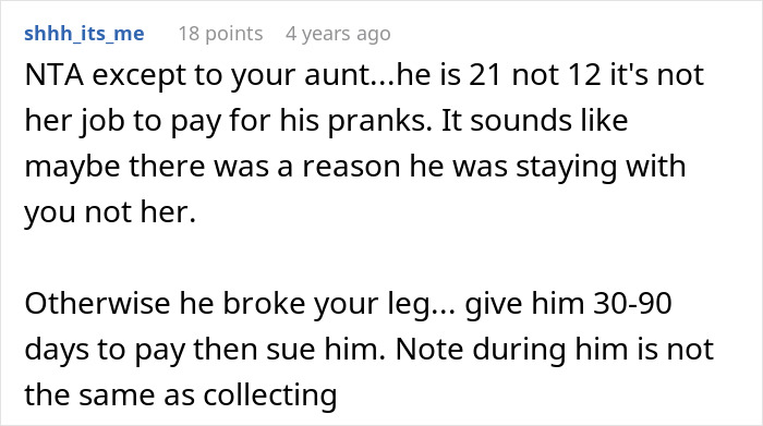 Screenshot of a forum comment discussing a man demanding his cousin pay for a cruel prank and the aunt&rsquo;s reaction.