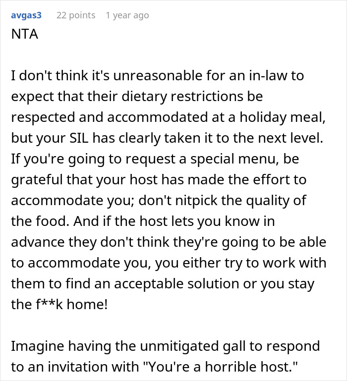 Screenshot of a discussion about family accommodating allergies and expectations during holiday meals.