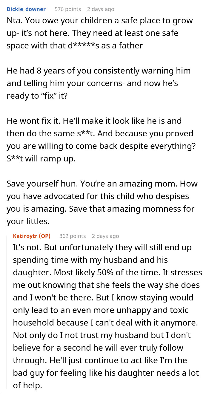 Reddit user discusses stepdaughter&rsquo;s behavior and in-laws&rsquo; comments causing a woman to leave her husband after years.