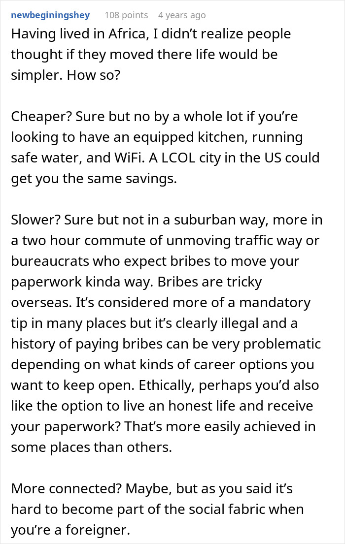 Text post discussing challenges a person faces moving to an African country to lead a simpler lifestyle, getting disillusioned.