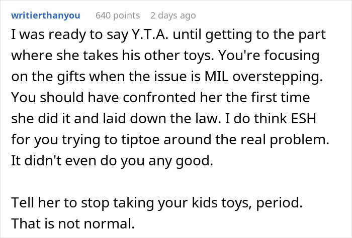 Screenshot of online comment discussing MIL overstepping by taking kids' toys, linked to grandma turning Christmas into a weird competition.