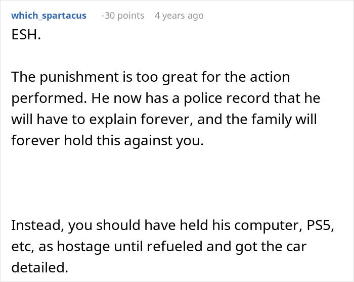 Reddit comment discussing family conflict after woman had half-brother arrested for stealing her car.