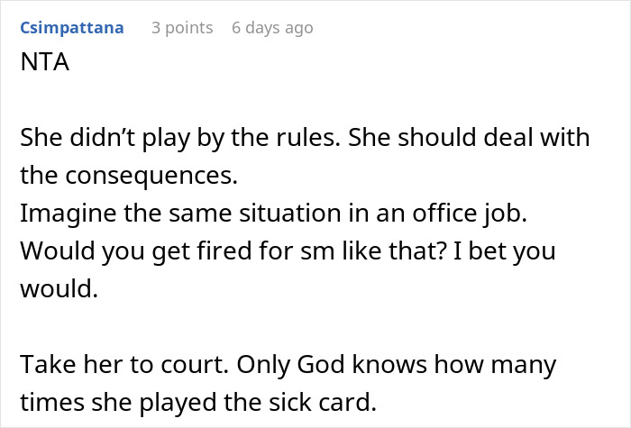 ALT text: Comment discussing consequences for makeup artist pretending to be sick on woman's wedding day for easy money.