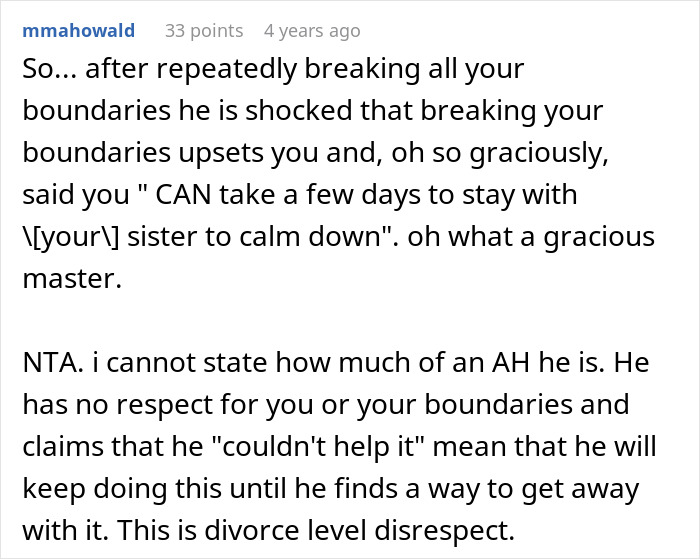 Comment discussing a guy recording wife’s private therapy sessions causing anger over broken boundaries and disrespect.