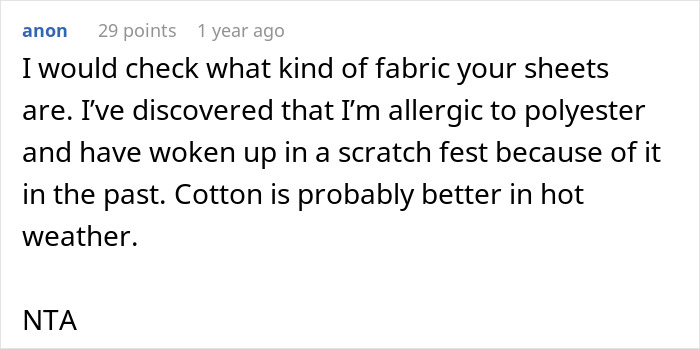 Comment discussing allergic reaction to polyester sheets causing scratches, related to wife&rsquo;s unexplained back scratches and trust issues.