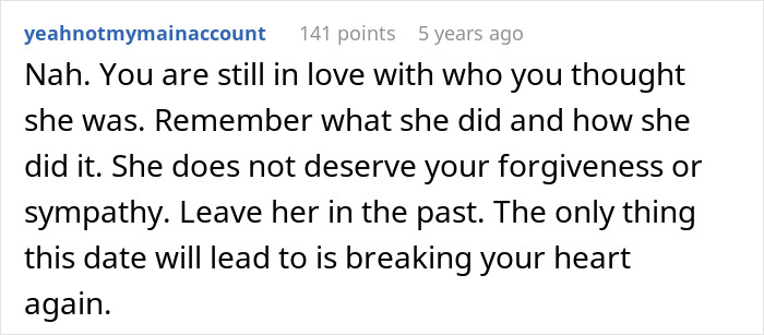 Screenshot of a Reddit comment advising a man left without closure after fiancé disappears before wedding on handling emotions.
