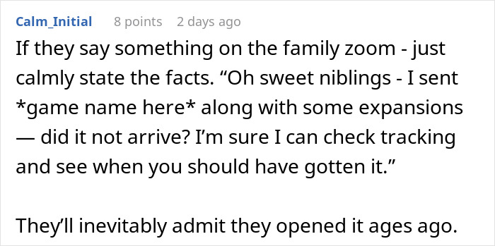 Woman thinks she deserves another Christmas gift after opening one early and receives a reality check in family chat.