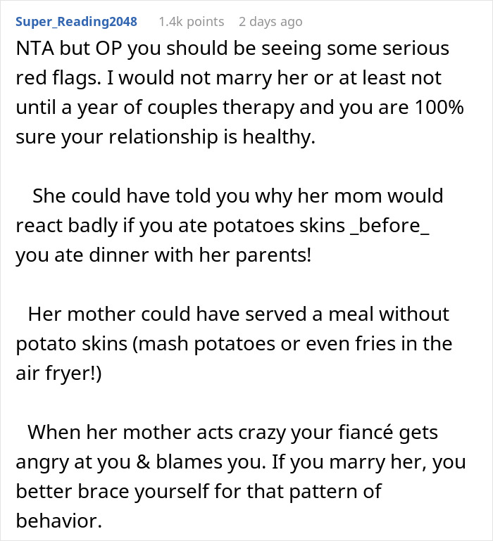 Comment discussing red flags when a guy eats baked potato his way causing fianc&eacute;e&rsquo;s mother disgust.