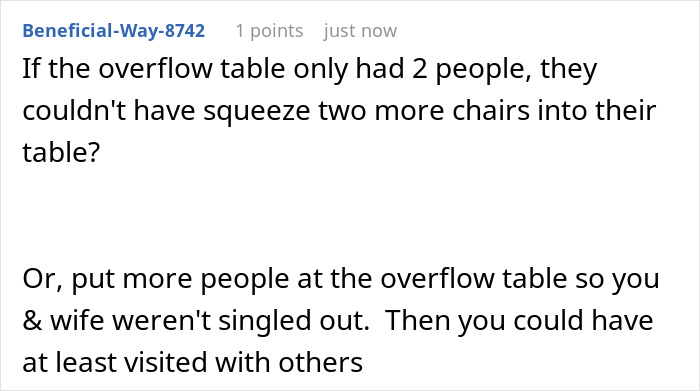 Comment discussing seating arrangements at overflow table during Thanksgiving with son annoyed by main table seating choices