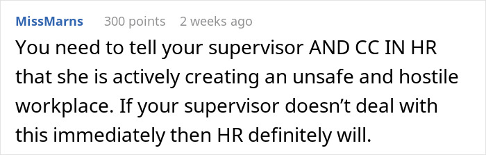 Screenshot of a social media comment where a woman warns about a hostile workplace affecting coworkers. Screenshot of a social media comment where a woman warns about a hostile workplace affecting coworkers.