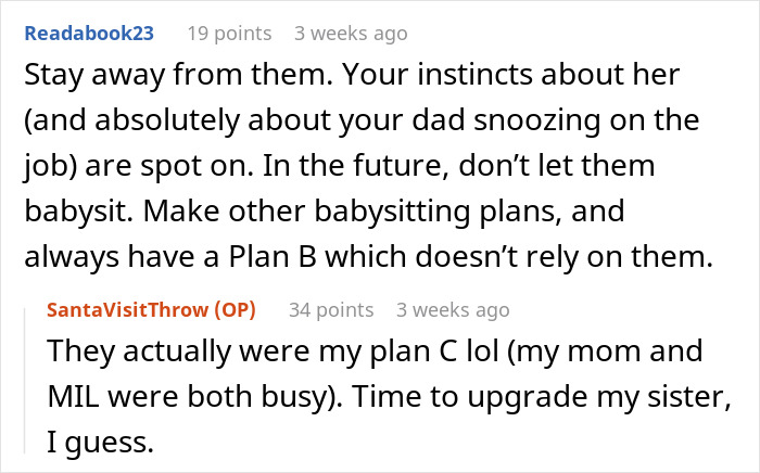 Step-grandma sneaks baby to Santa while watching him, leading to losing babysitting privileges permanently.