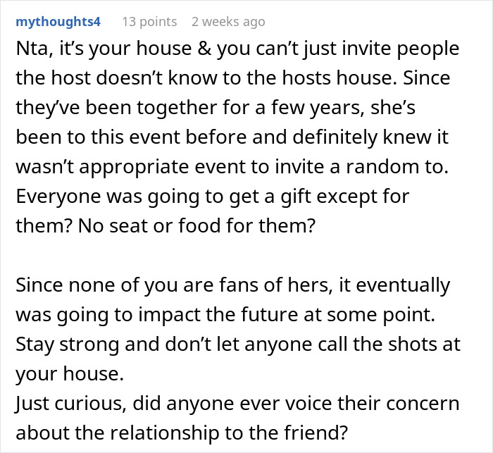 Comment discussing host canceling Christmas after friend&rsquo;s wife invites random people to the house without permission.