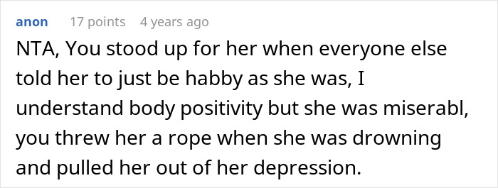 Comment defending niece&rsquo;s decision on tummy tuck, highlighting support during her mental health struggles in family drama.