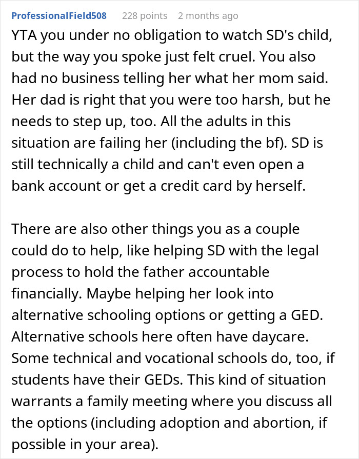 Commenter giving advice on helping a pregnant stepdaughter with legal and educational support after a harsh reality check. Commenter giving advice on helping a pregnant stepdaughter with legal and educational support after a harsh reality check.
