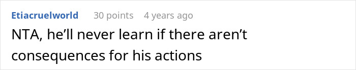 Comment discussing consequences for actions related to family conflict over half-brother stealing car and arrest.