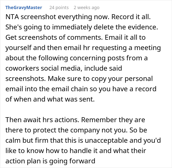 Comment advising to document and report concerning posts on coworker social media before HR meeting and actions. Comment advising to document and report concerning posts on coworker social media before HR meeting and actions.