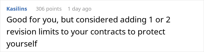 Comment advising to add revision limits to contracts to protect oneself, related to MIL&rsquo;s plan to make bride look ugly in wedding illustration.
