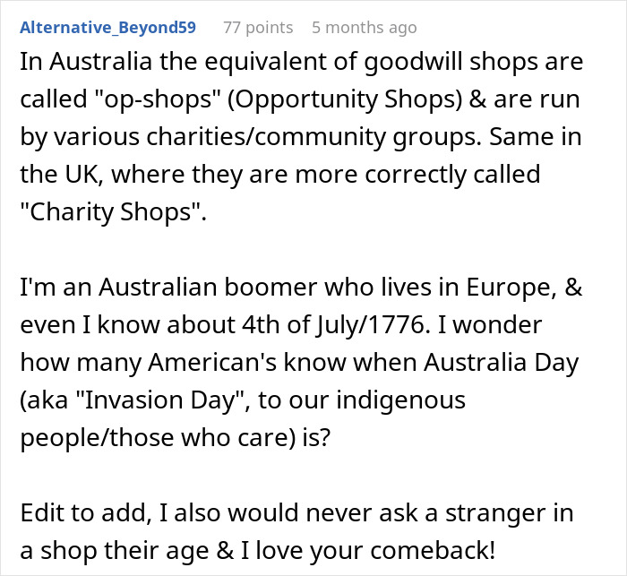 Older man in Goodwill store criticizes younger generations while woman quickly shuts him down during conversation.