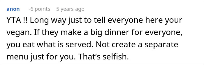 Comment criticizing a guest for expecting separate vegan dishes at Christmas Eve dinner with no vegan options provided.