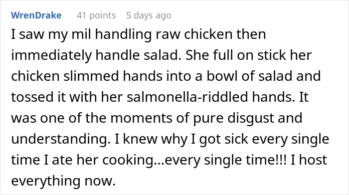 Text post describing a woman&rsquo;s disgust after seeing her mother-in-law prepare chicken with poor hygiene, leading to loss of appetite.