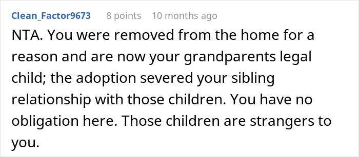 Comment explaining adoption severed sibling ties, highlighting issues with refusing to establish relationship between fathers and kids.