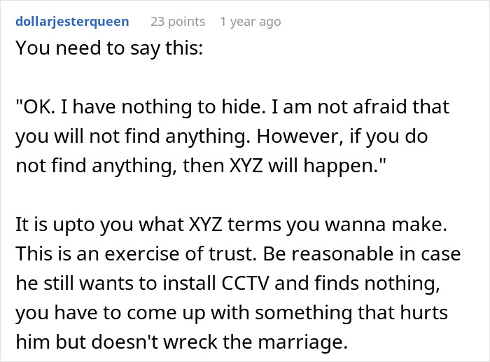 Text conversation about wife&rsquo;s unexplained scratches and husband&rsquo;s trust issues wanting to install CCTV at home.