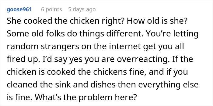 Comment discussing concerns about how mother-in-law prepares chicken and the woman losing appetite due to food safety worries.
