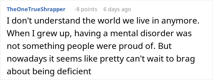 Screenshot of a comment discussing mental disorders and self-diagnosed autism in the context of behavior excuses.