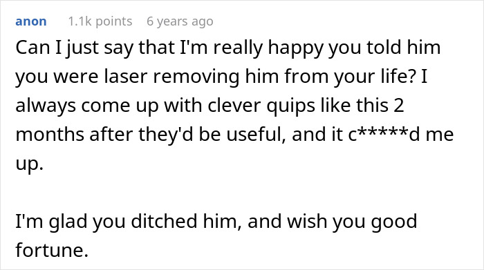 Screenshot of online comment praising a girlfriend for laser removing body hair to end toxic relationship.