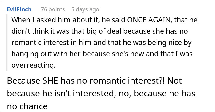 Conversation about man losing his girlfriend over workplace crush on a girl who is just being nice to him.