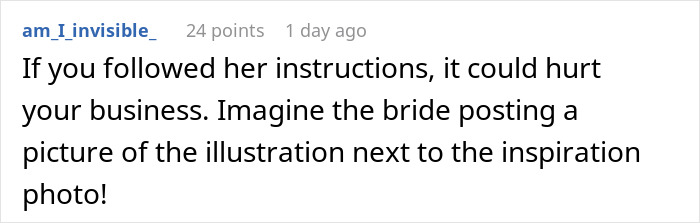 A comment discussing how MIL&rsquo;s plan to make the bride look ugly in wedding illustration could harm business if followed.