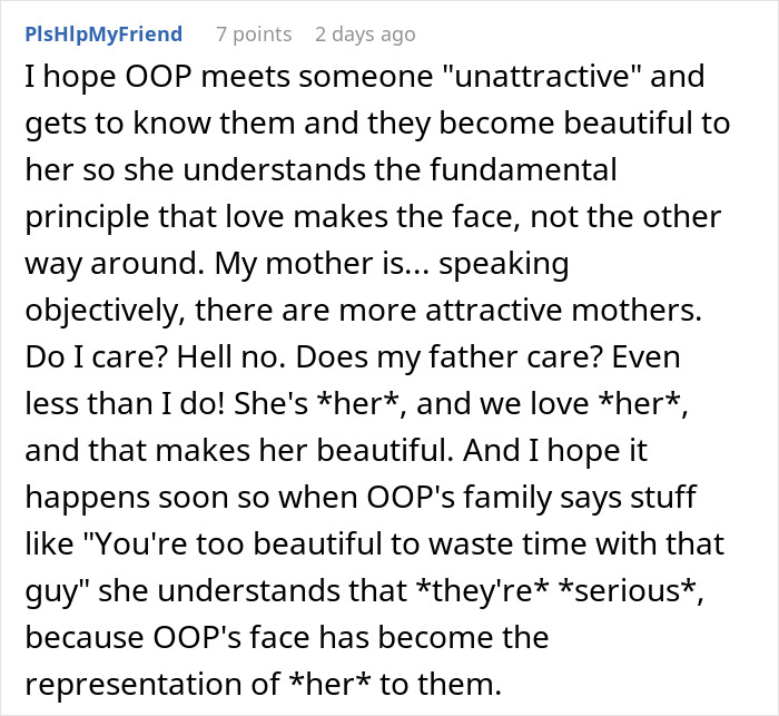 Comment discussing love and beauty, emphasizing how love changes the perception of appearance in relationships.