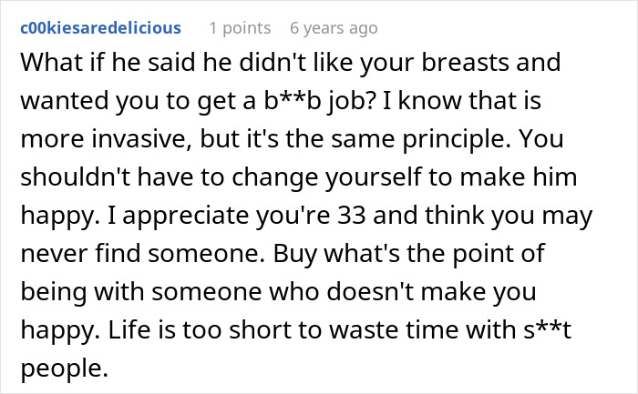 Screenshot of an online comment discussing a boyfriend demanding his girlfriend laser remove all body hair and facing backlash.