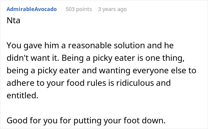 Screenshot of a forum comment criticizing a picky eater demanding brother&rsquo;s in-laws change the entire Christmas menu.