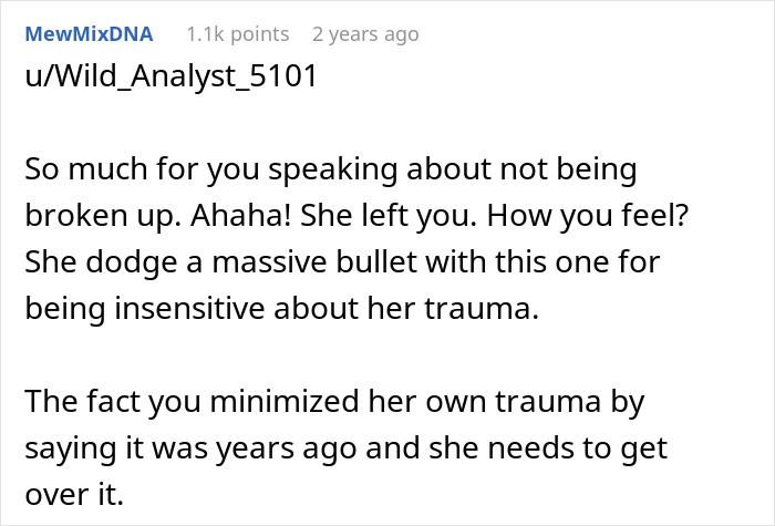 Screenshot of Reddit comment clapping back at a guy for minimizing his girlfriend&rsquo;s trauma before their breakup online.