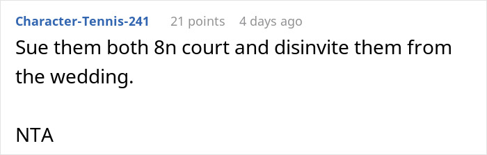 Screenshot of a forum comment discussing a man cutting off parents after their revenge related to his small wedding plans. Screenshot of a forum comment discussing a man cutting off parents after their revenge related to his small wedding plans.