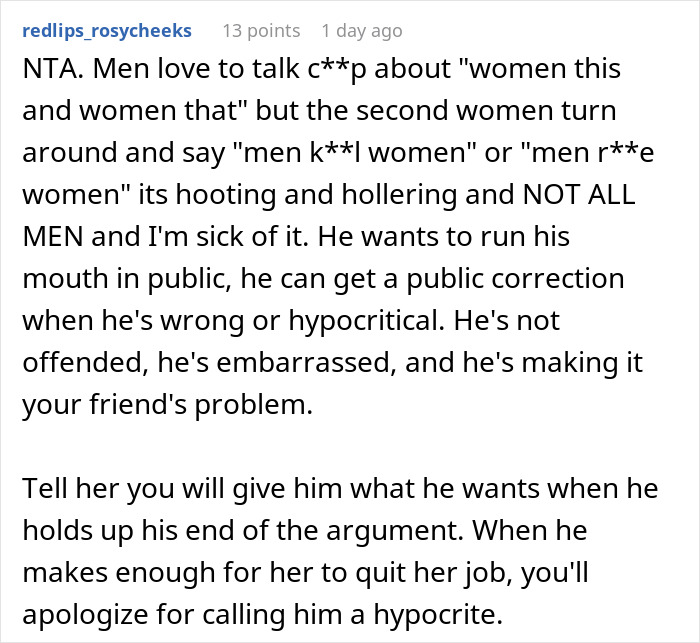 Reddit user responds to toxic man venting about traditional wives, criticizing flawed logic and hypocrisy in gender debates.