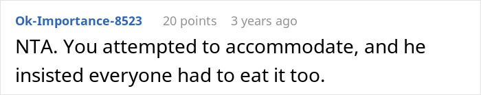 Screenshot of an online comment discussing a picky eater demanding his brother&rsquo;s in-laws change the entire Christmas menu.