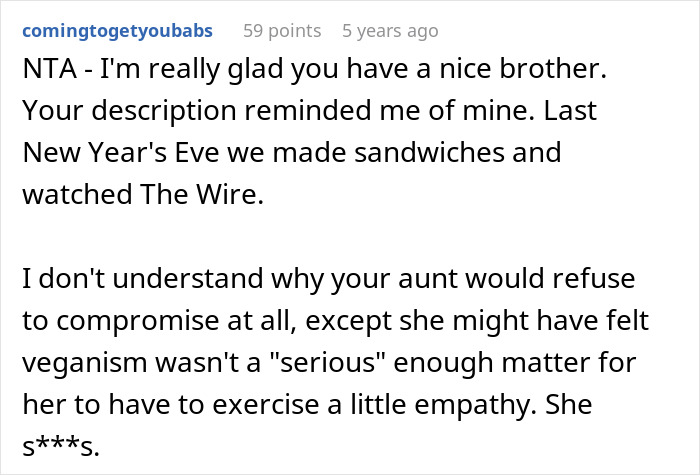 Comment discussing lack of vegan options for Christmas Eve dinner and the need for empathy in family gatherings.