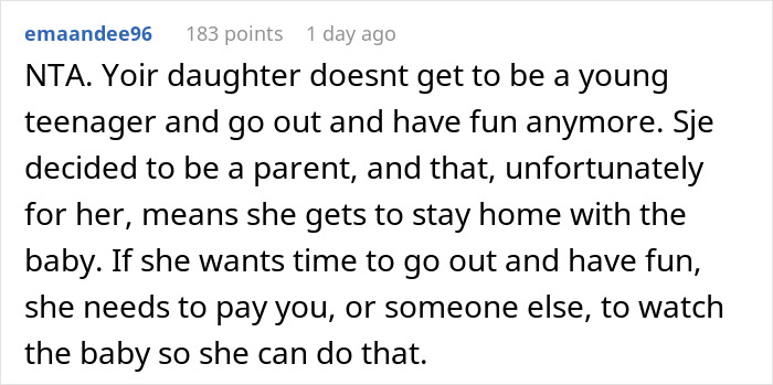 Comment discussing refusing to take care of granddaughter for free and setting boundaries for babysitting.
