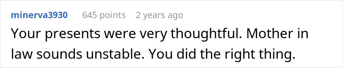 Comment text expressing support for someone whose son’s partner came without a gift after request to stop with tacky trinkets. Comment text expressing support for someone whose son’s partner came without a gift after request to stop with tacky trinkets.